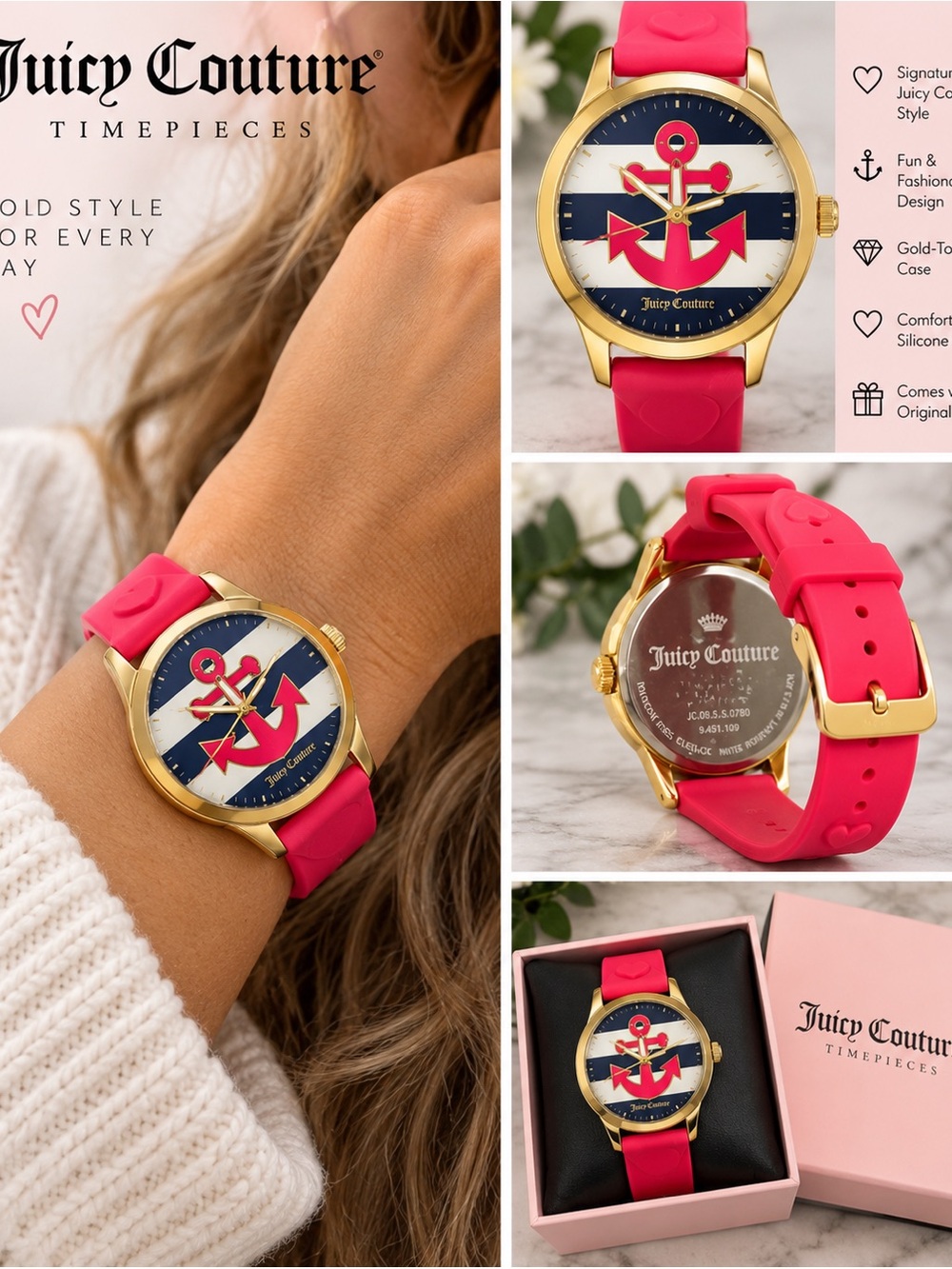 Juicy Couture Gold-Tone Anchor Watch with Hot Pink Silicone Strap